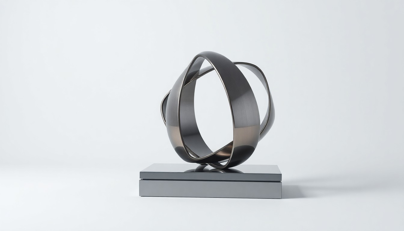 A high-end, photorealistic studio still-life photograph featuring a polished, geometric sculpture made of brushed metal and glass, arranged elegantly on a clean, monochromatic background with dramatic lighting, conceptually representing the group's commitment to sustainable finance and clean energy infrastructure.