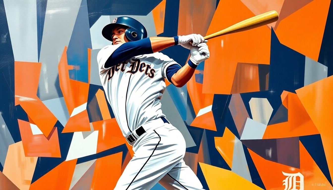 A fractured, geometric painting depicting a baseball player's home run swing, with sharp planes of orange, navy blue, and white representing the Detroit Tigers' colors.