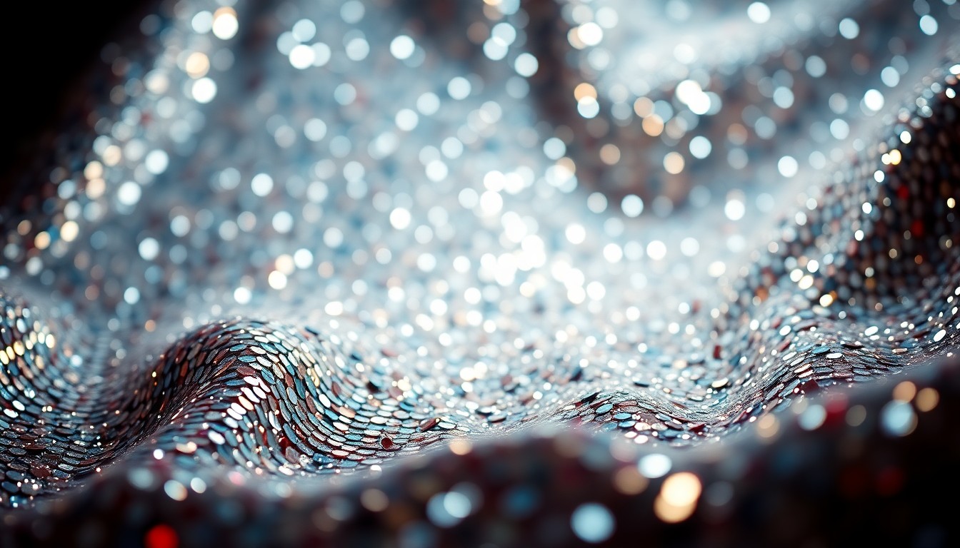 An extreme close-up of shimmering, reflective sequins and shattered glass, conceptually representing the glamour and visual style of the '42.6 Years' romantic comedy.