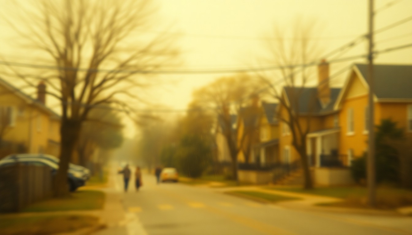 An extremely blurred and abstracted scene of a small-town neighborhood street, with muted colors and soft, hazy light, conveying a sense of warmth, nostalgia, and the passing of time in a close-knit community.