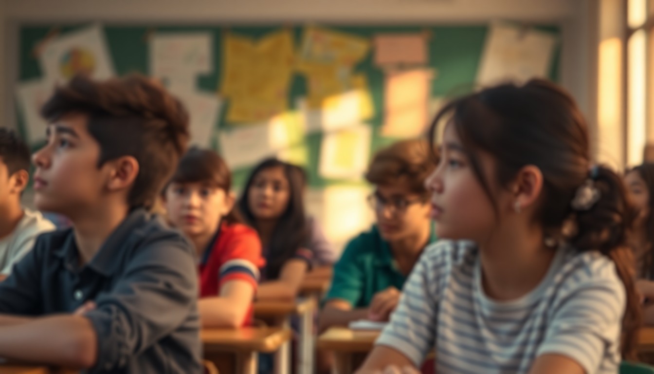 An abstract, out-of-focus scene of students in a classroom, with soft, warm pools of light and color, conveying the emotional complexity and need for sensitivity in the educational setting.