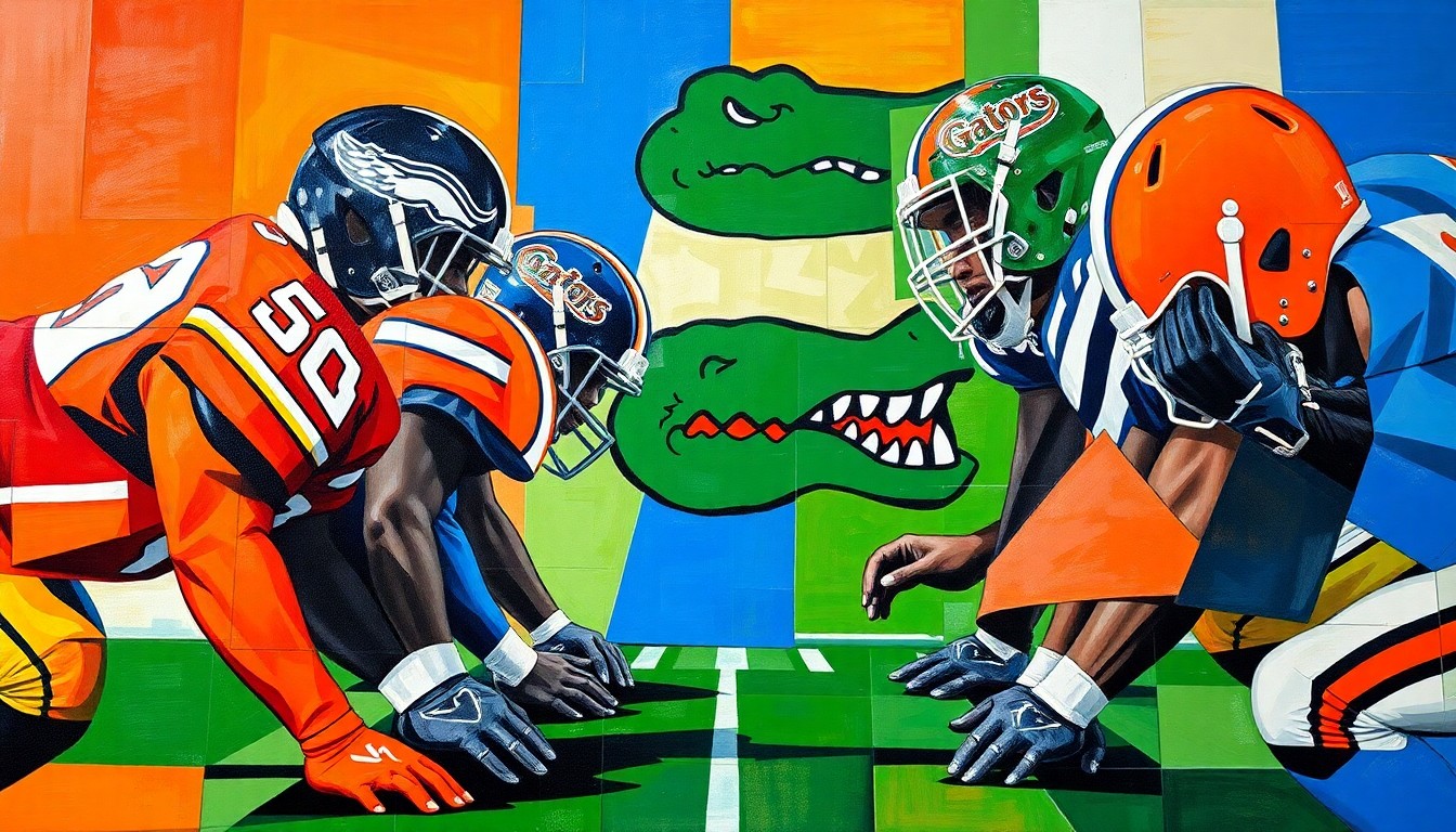 A fragmented, geometric painting depicting a football offensive line in vibrant colors, capturing the dynamic movement and power of the position group.
