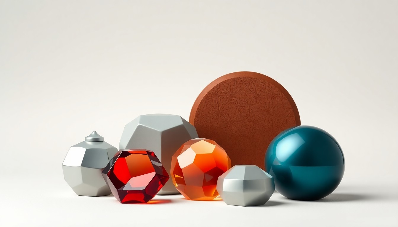 A high-end, photorealistic studio still-life photograph featuring a collection of polished, geometric objects arranged elegantly on a clean, monochromatic background, conceptually representing the innovation, family, and global reach at the heart of the Vicks VapoRub story.