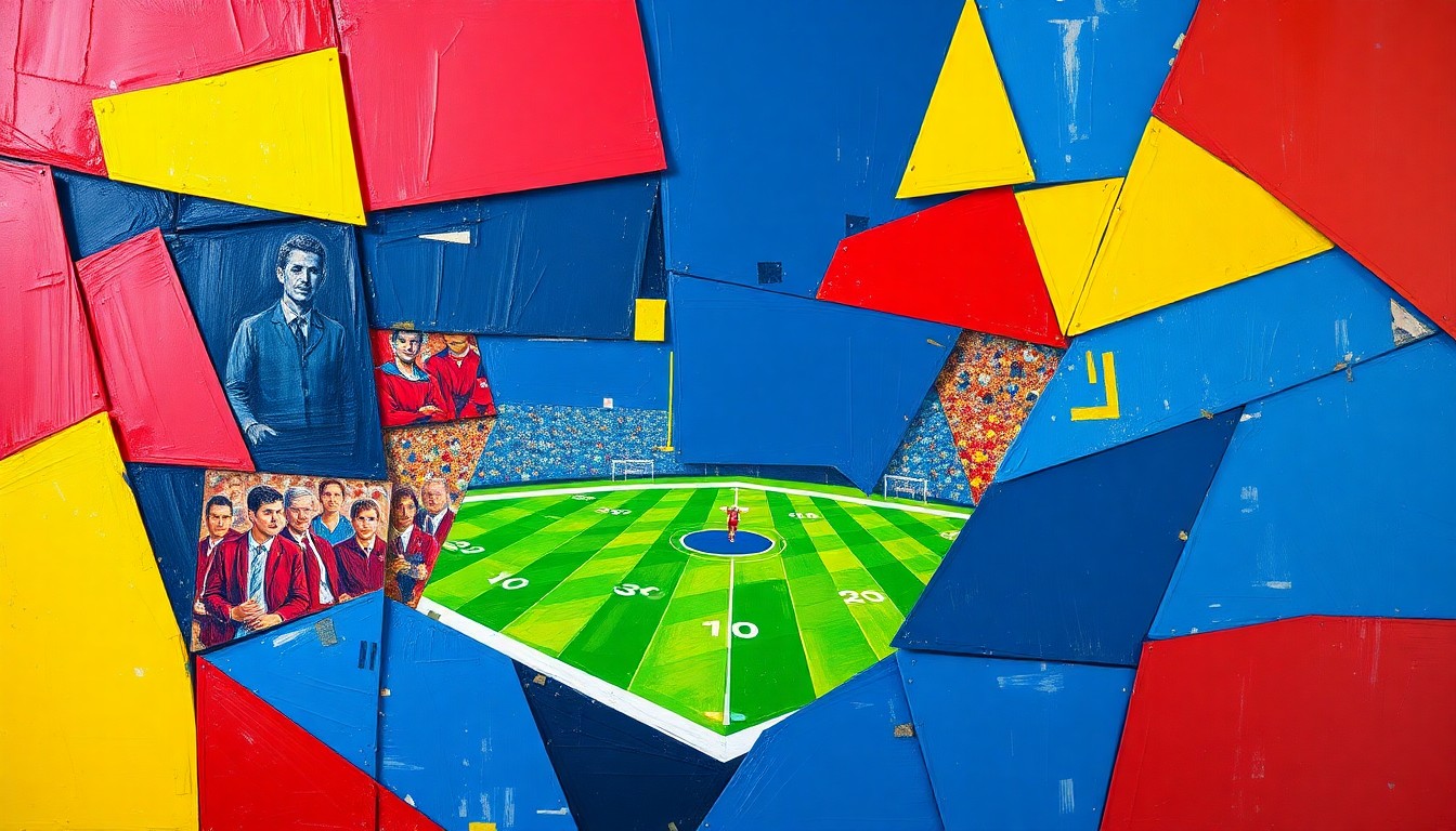 A cubist-inspired painting featuring overlapping geometric shapes and planes in navy blue, maize yellow, and crimson red, conceptually representing the competitive landscape of college football recruiting.
