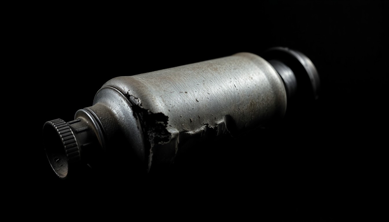 An extreme close-up photograph of a damaged catalytic converter, its textured metal surface and dramatic shadows creating a stark, gritty investigative aesthetic.