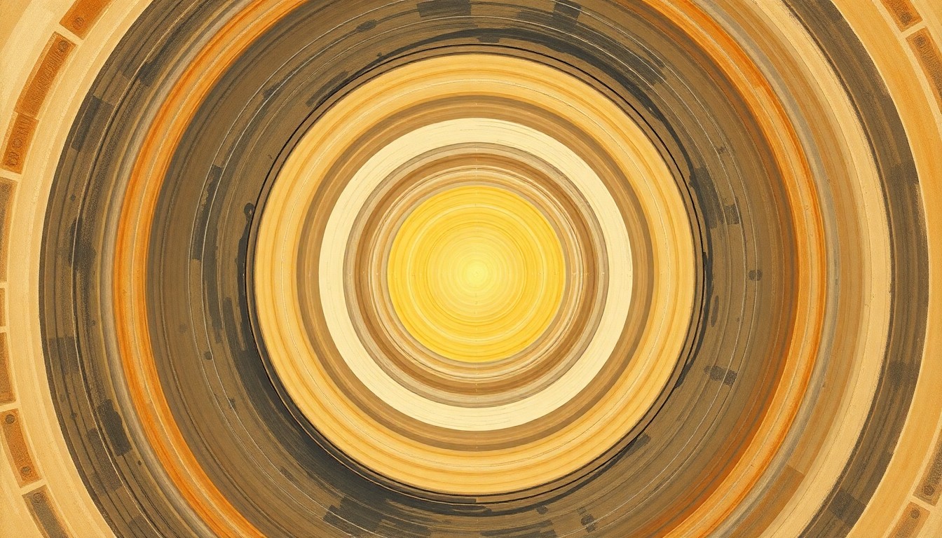 An abstract painting in soft, earthy tones featuring sweeping geometric arcs, concentric circles, and precise spiral patterns, visually representing the complex dynamics of the solar wind and its role in space weather.