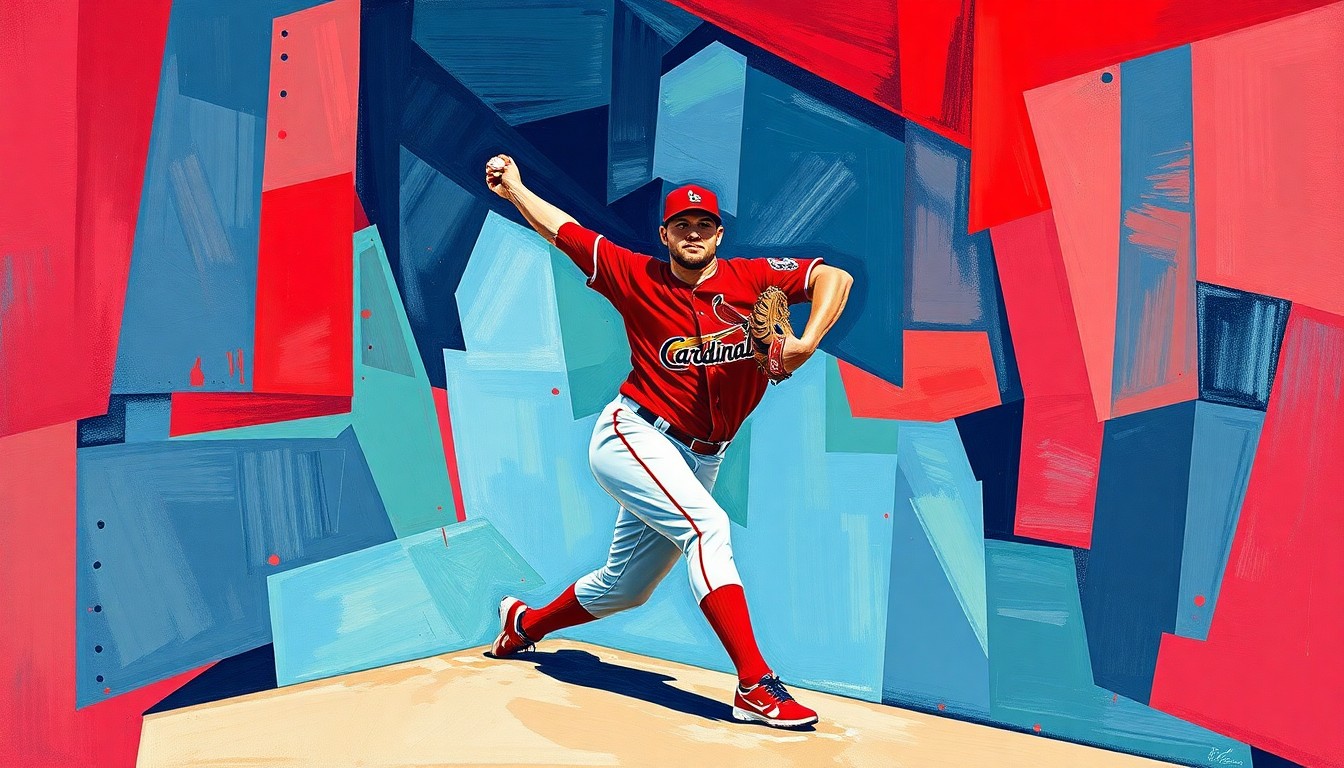 A cubist-style painting depicting a baseball pitcher's windup and delivery broken down into sharp, overlapping geometric shapes in the Cardinals' red and navy blue colors, conveying the dynamic energy and potential of the team's new pitching prospect.