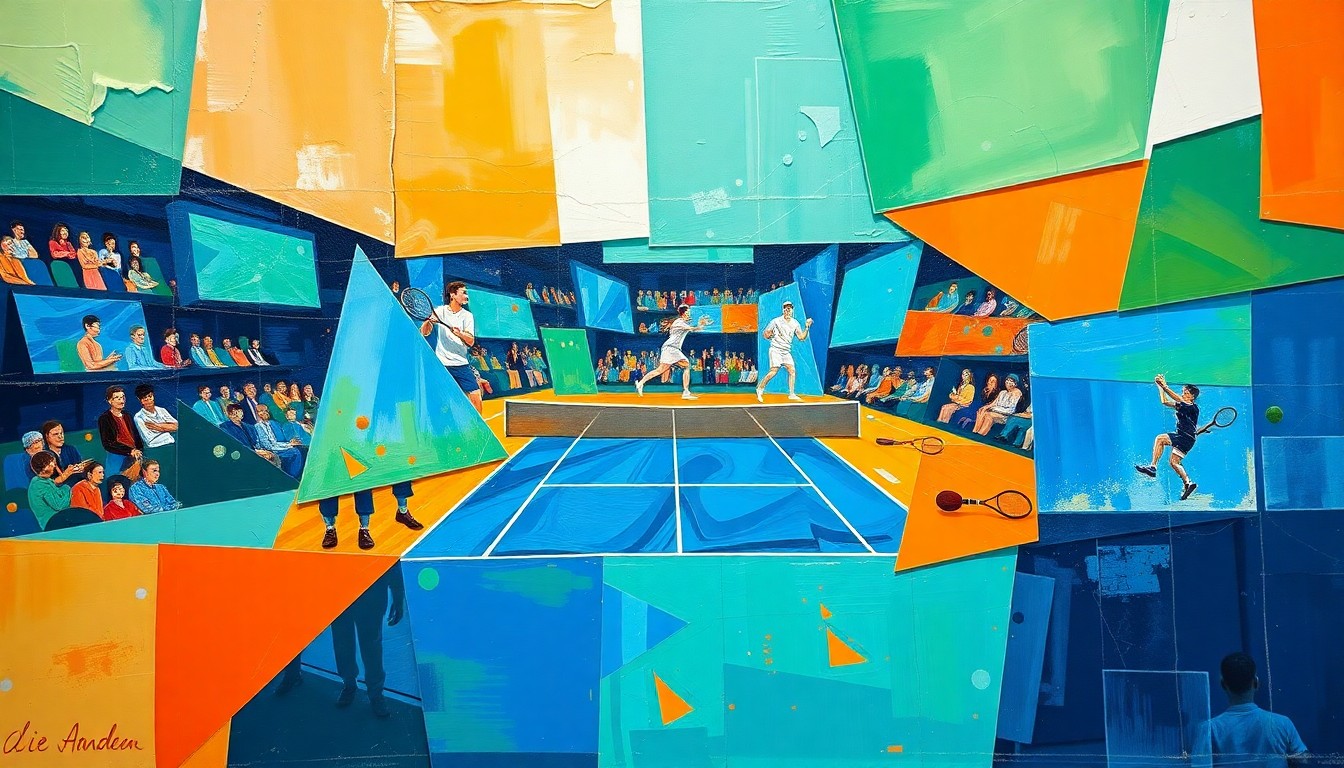 A cubist-style painting depicting a tennis match or competition, with the players and court broken down into sharp, overlapping geometric shapes in vibrant colors like royal blue, emerald green, and fiery orange, creating a dynamic and abstract visual representation of the sport.