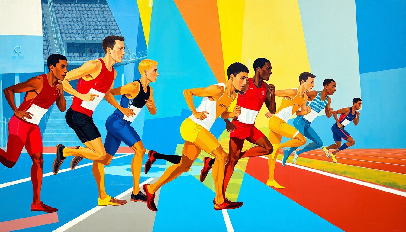 A cubist-style painting featuring overlapping geometric shapes and forms in vibrant colors, representing the dynamic movement and competing perspectives of a 1,500m track and field race.
