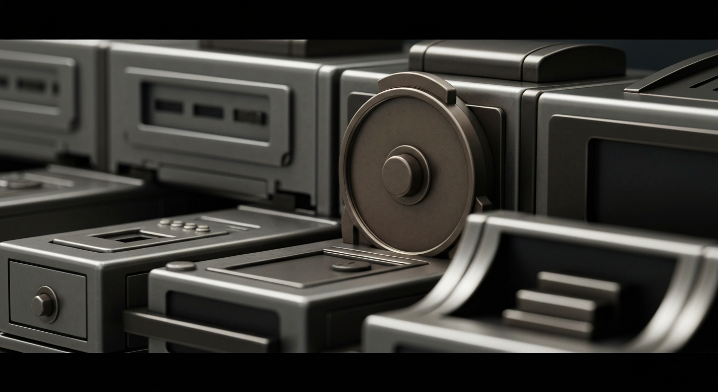 A highly detailed, cinematic close-up of heavy, industrial banking equipment and machinery in muted tones of steel, bronze, and black, conveying the institutional financial power and security that underpins Walmart's vast retail operations.