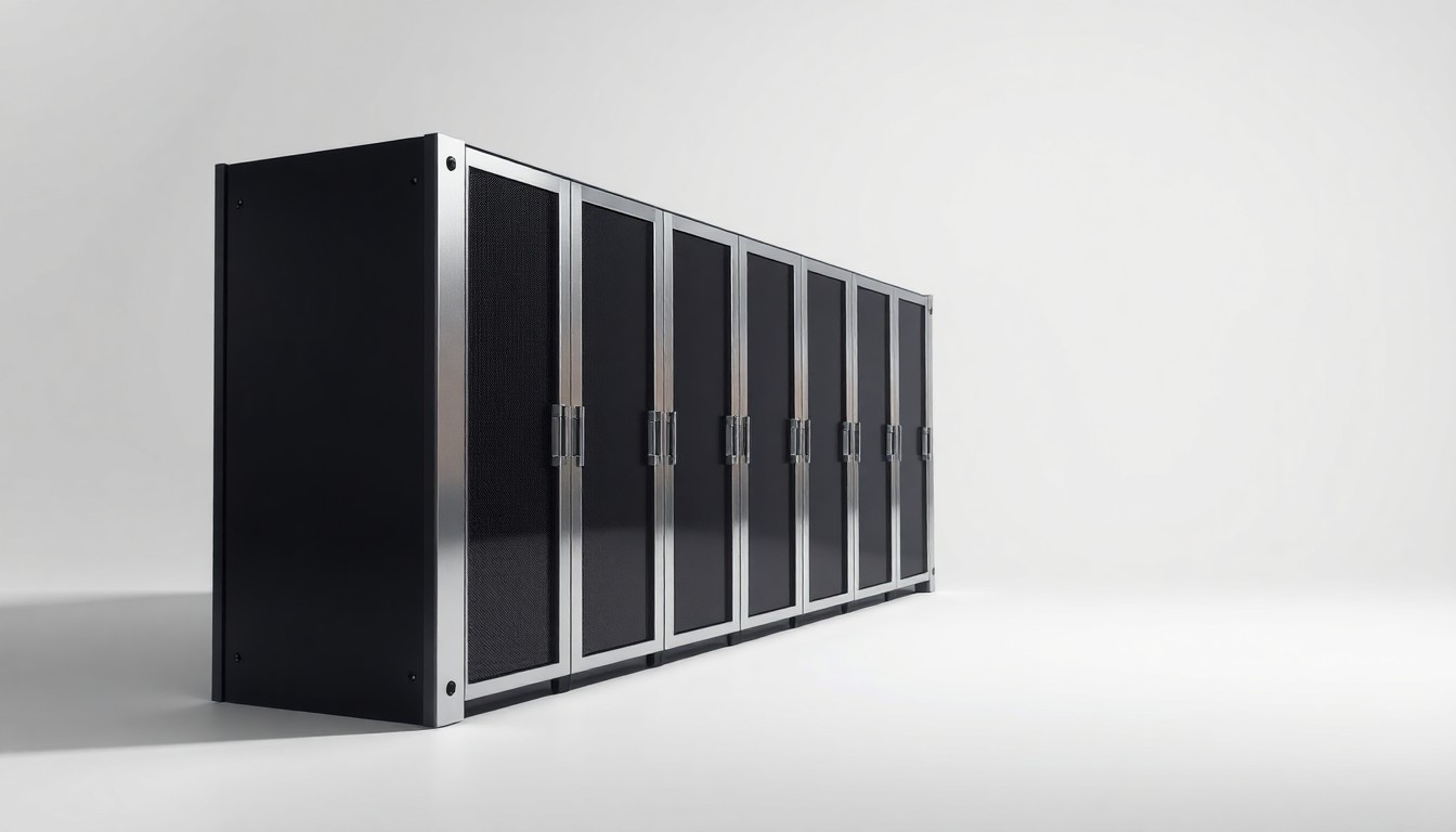 A sleek, modern data server rack made of polished stainless steel and black aluminum, resting on a clean, white seamless background and illuminated by dramatic studio lighting to highlight the precision engineering.