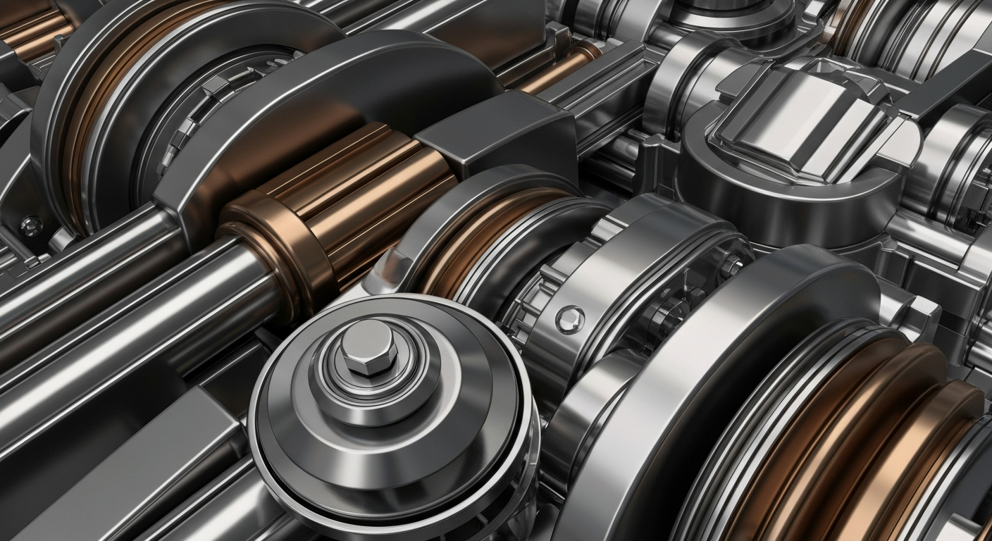 An extreme close-up of gears, levers, and other heavy industrial banking equipment, conveying the complex, mechanical nature of institutional investment management.