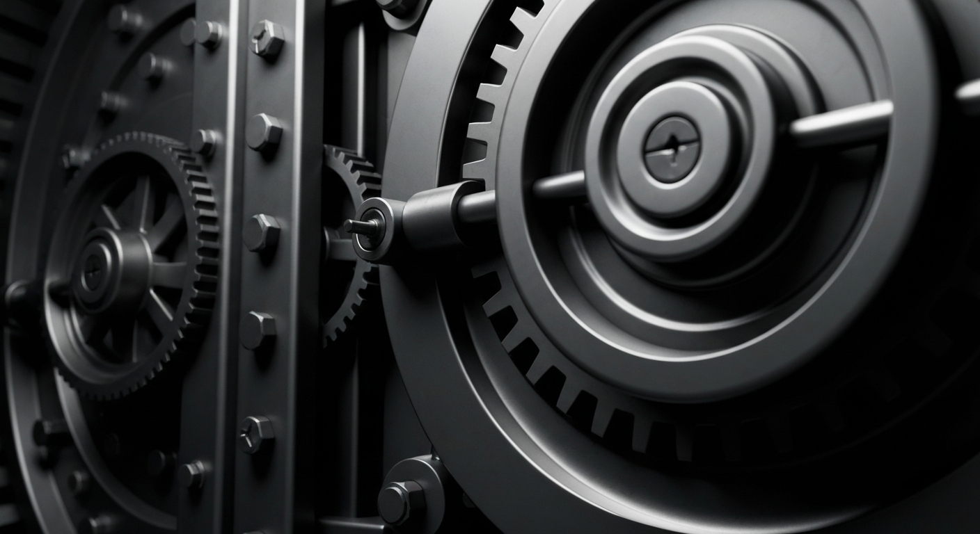 An extreme close-up of the intricate machinery and mechanisms inside a bank vault, representing the secure and reliable nature of the banking industry.