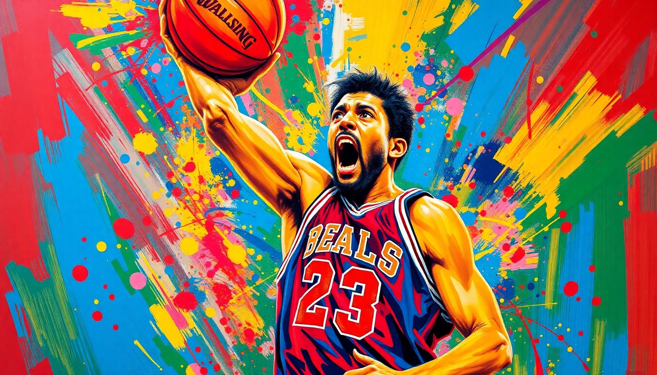 An abstract, expressionist painting in neon colors depicting the dynamic movements and energy of a basketball player performing a slam dunk, with the player's face and jersey details obscured into colorful brushstrokes.