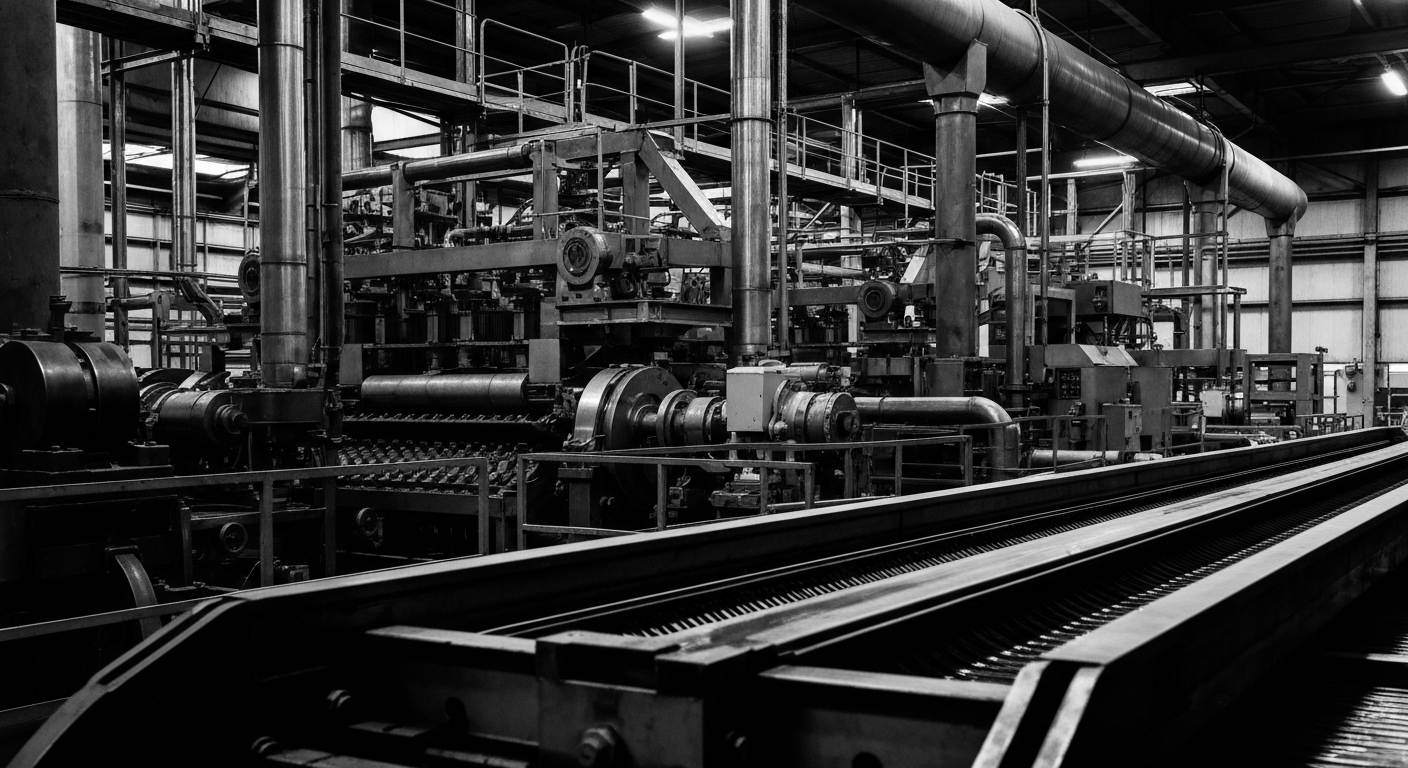 A high-contrast, black-and-white close-up image of the inner workings of a large, industrial chocolate factory, capturing the scale and complexity of the machinery involved in mass-producing chocolate products.