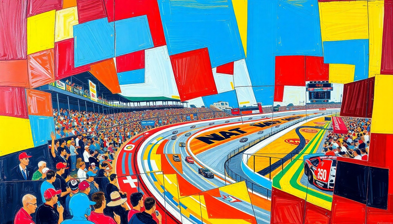A fractured, geometric painting in vibrant colors depicting a NASCAR race at Rockingham Speedway, with overlapping planes and perspectives that convey the high-intensity action of the event.
