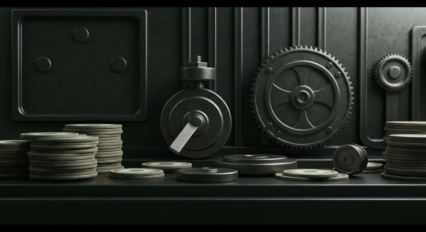 An extreme close-up of complex financial machinery and equipment, conveying a sense of institutional power and economic security without depicting any literal currency or financial symbols.