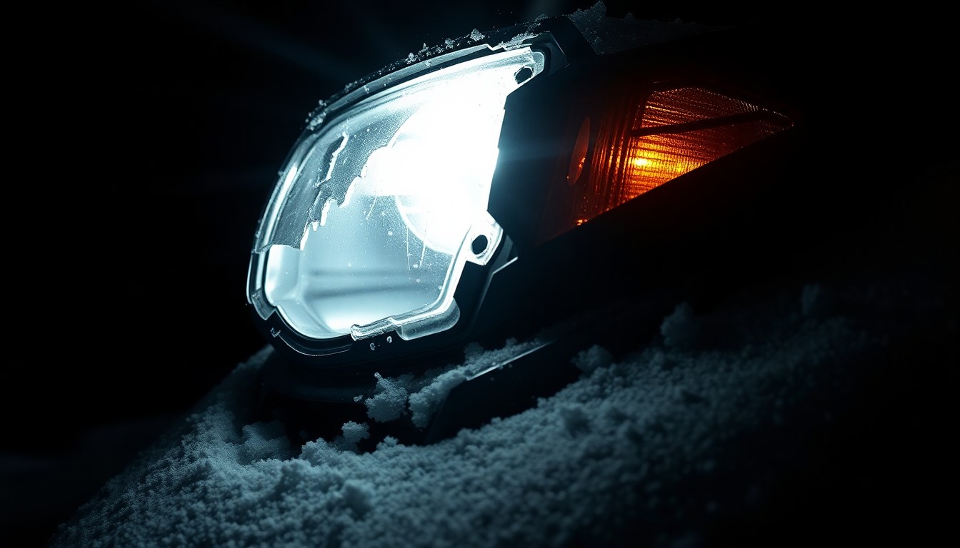 An extreme close-up photograph of a cracked and damaged snowmobile headlight, lit by a harsh camera flash against a pitch-black background, conceptually representing the violence and destruction involved in the incident with the injured wolf.