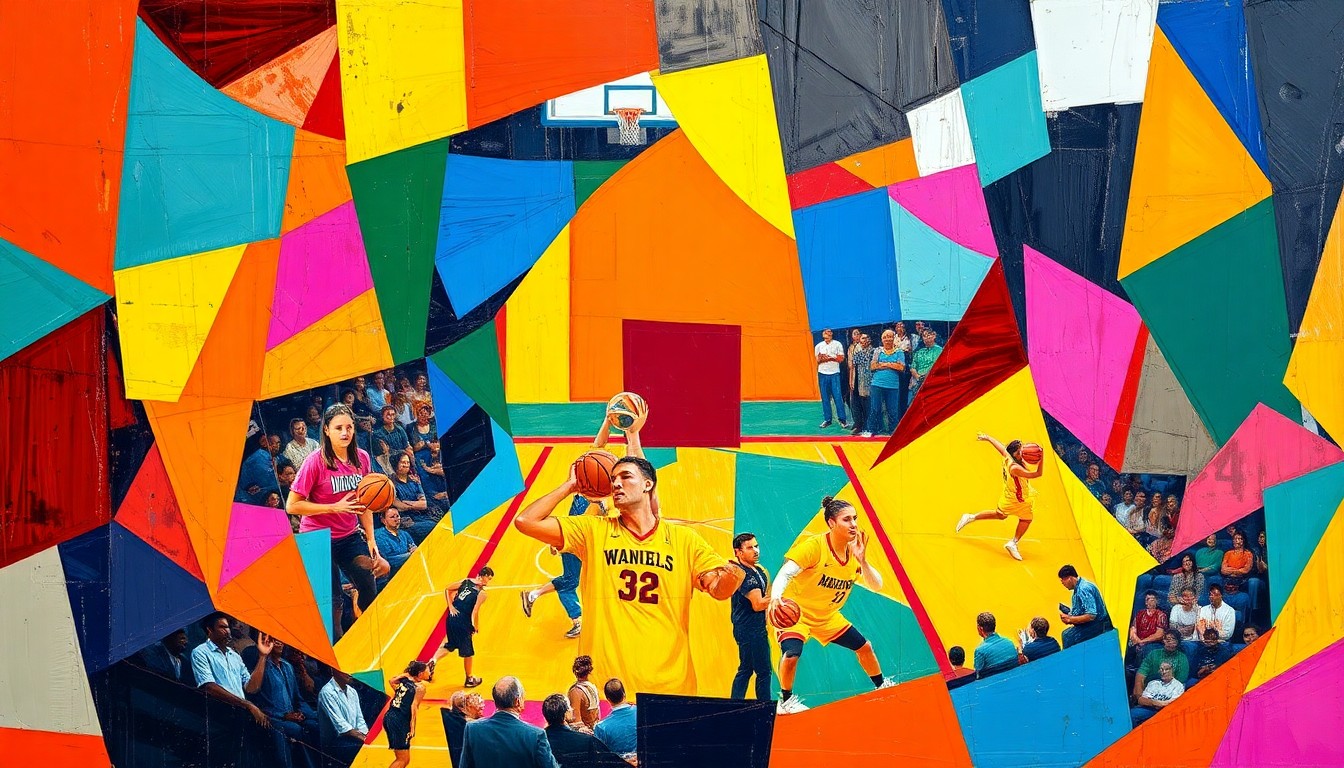 A cubist, geometric painting depicting a WNBA game or competition, with sharp, overlapping planes of color representing the dynamic movement and energy of the sport.