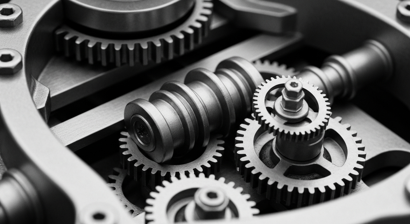 A close-up macro shot of intricate gears, cogs, and mechanisms of a modern banking vault or financial institution, rendered in a high-contrast, industrial style to convey the complex infrastructure underlying the financial system.