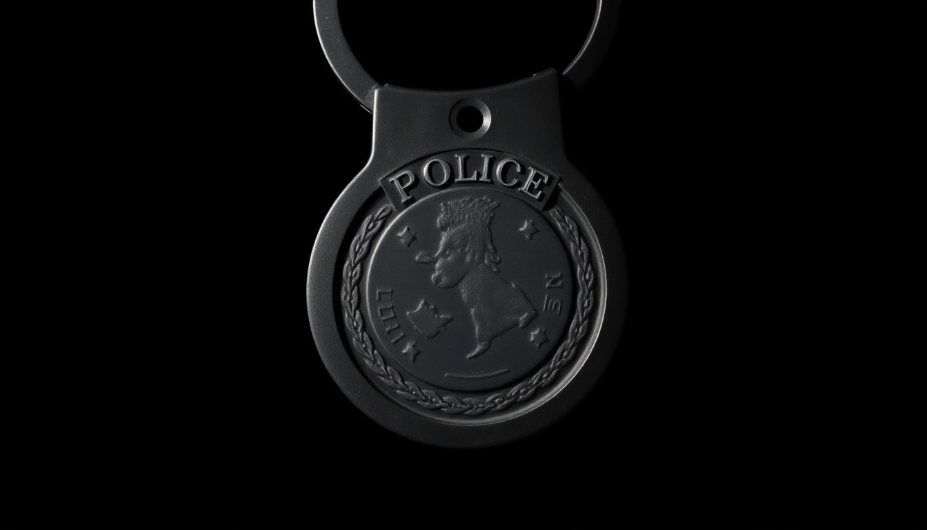An extreme close-up photograph of a police badge or handcuff, its metallic surface reflecting the harsh light of a direct camera flash, conveying a sense of the gritty realities of law enforcement work.