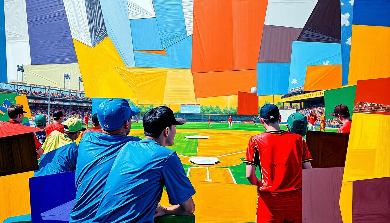 A fragmented, cubist-style painting depicting a high school softball game, with sharp planes of bright colors representing the competing teams.