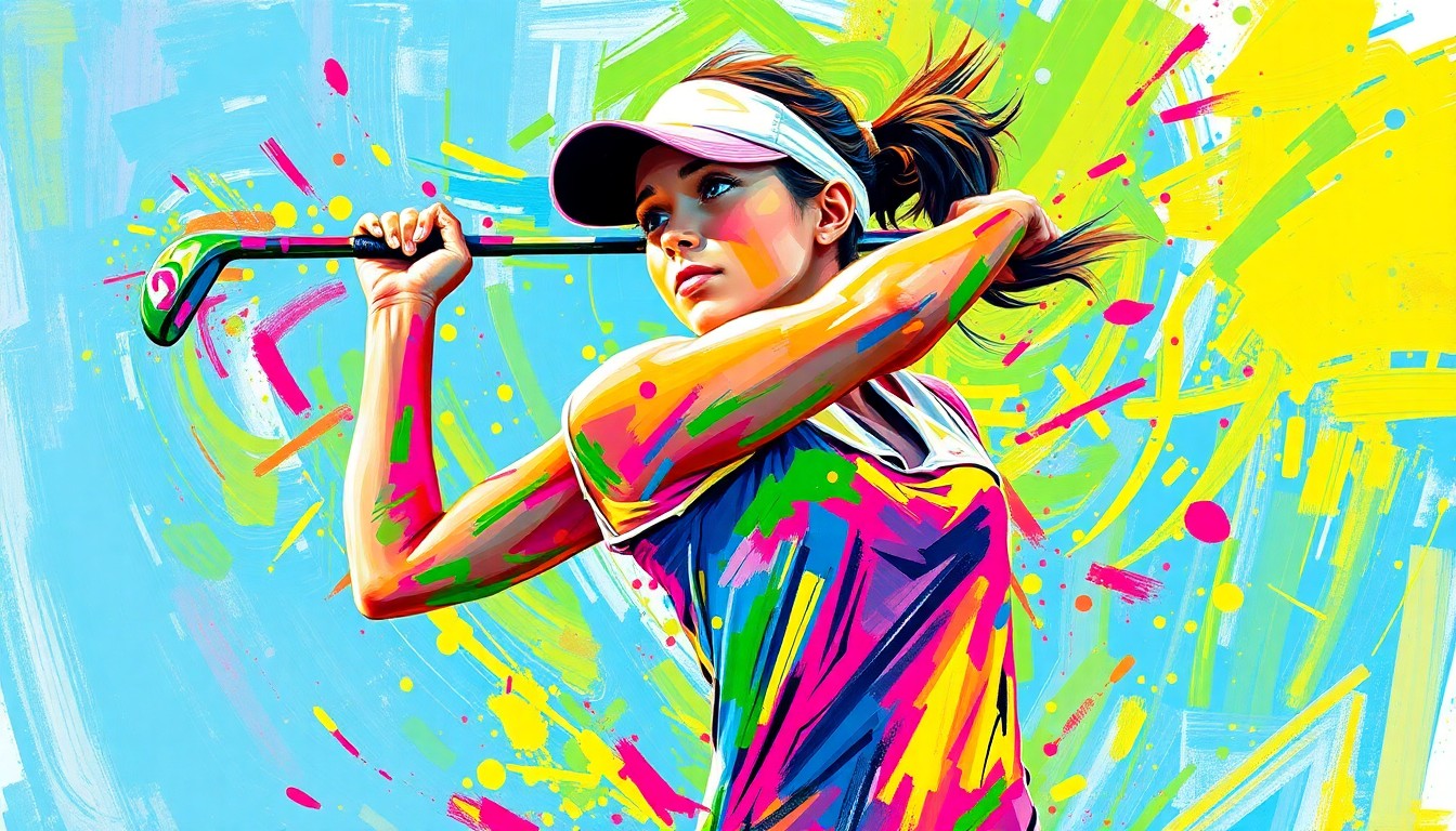 An abstract, expressionist painting in vibrant neon colors depicting the powerful, fluid motion of a young female golfer's swing, with the face and body dissolving into energetic brushstrokes.