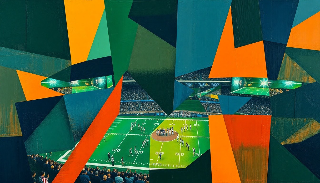 A cubist, geometric painting depicting a fragmented, multi-angled view of a football game or NFL Draft event, using bold colors and sharp, overlapping shapes to conceptually represent the declining opportunities for players from non-Power Five schools.