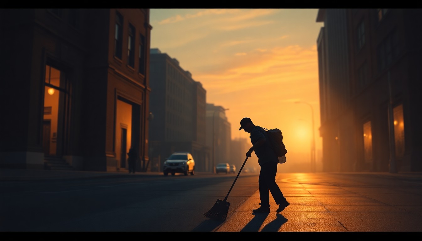 A serene, cinematic painting of a lone sanitation worker sweeping a city street at dusk, with warm light and deep shadows creating a contemplative mood that reflects the importance of the agency's work in maintaining public spaces.