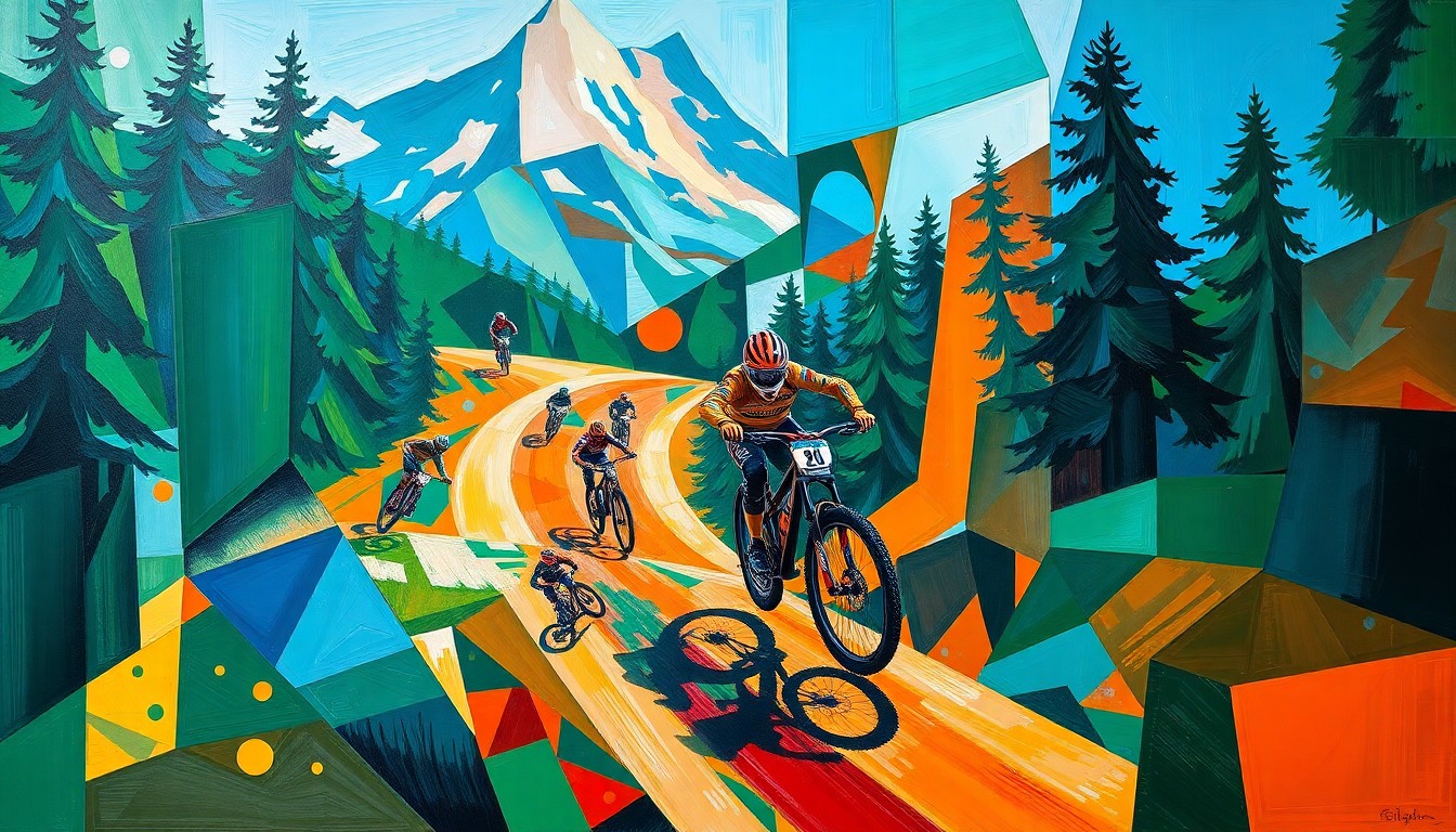 A cubist-inspired painting depicting a downhill mountain bike race, with the riders and track broken down into sharp, overlapping geometric shapes in a vibrant color palette, conveying the raw energy and technical mastery of the sport.