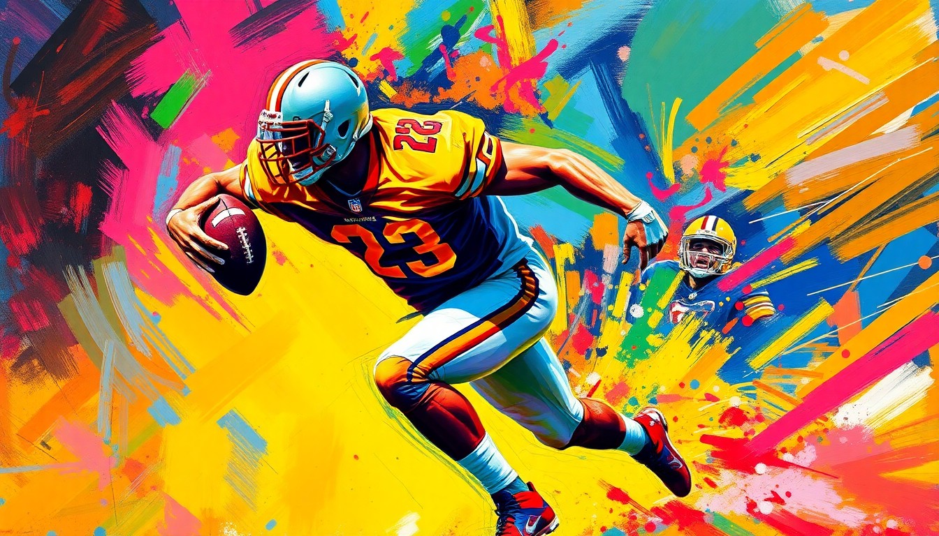 An abstract, expressionistic painting in bright neon colors, featuring a football player in mid-motion, with dynamic brushstrokes and a sense of raw energy and power, conveying the intensity of the sport.
