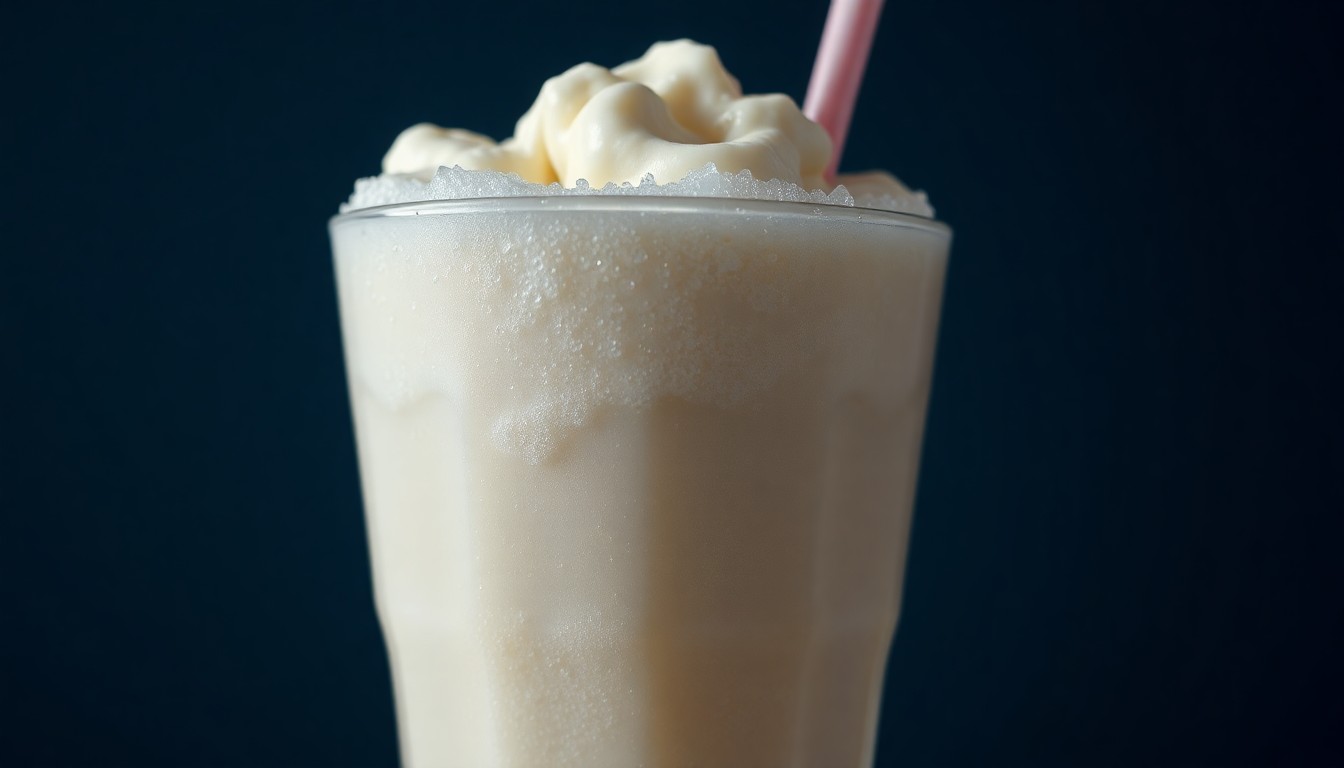 An extreme close-up of a frothy, fizzing egg cream in a classic soda fountain glass, captured in dramatic, high-contrast studio lighting to create a glitzy, high-fashion aesthetic.