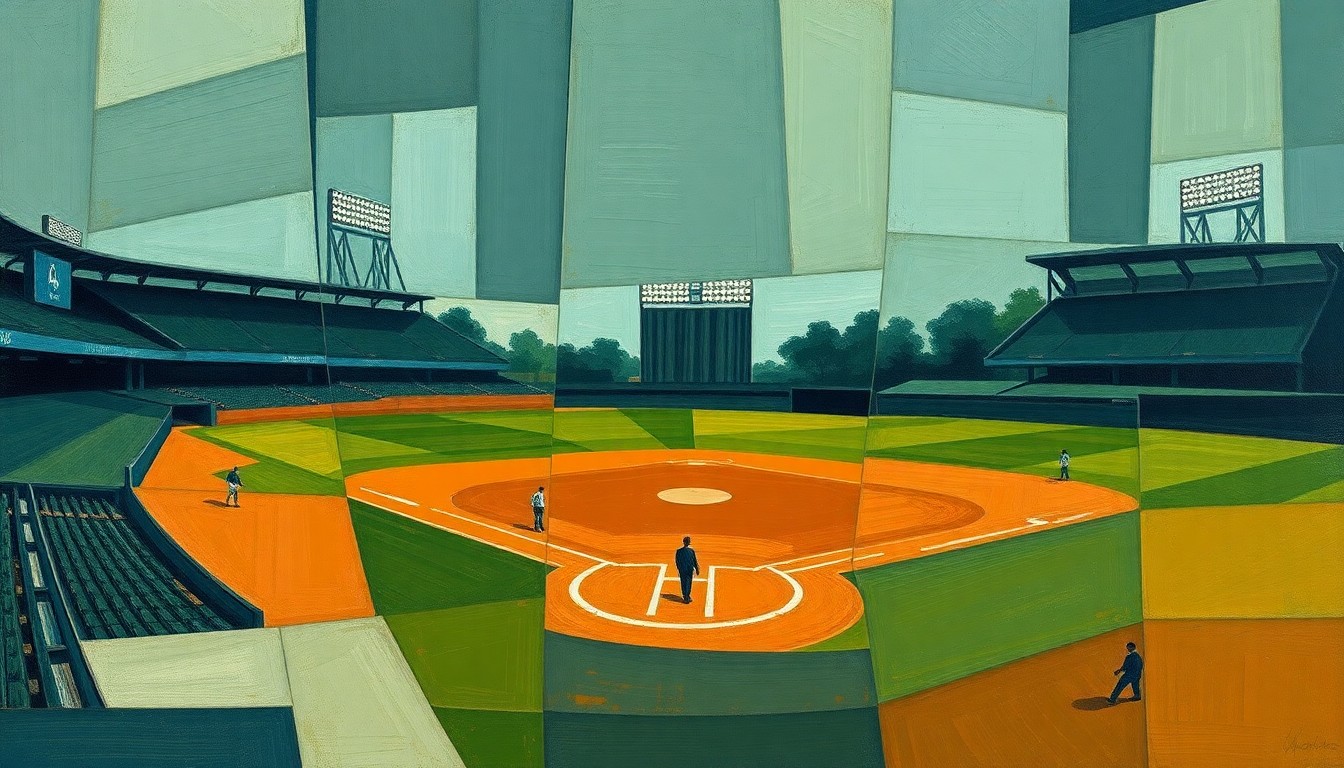 A cubist-style painting depicting a fragmented baseball infield scene, with sharp geometric shapes in muted tones of navy, green, and brown, conceptually representing the disruption to the Rays' middle infield plans.