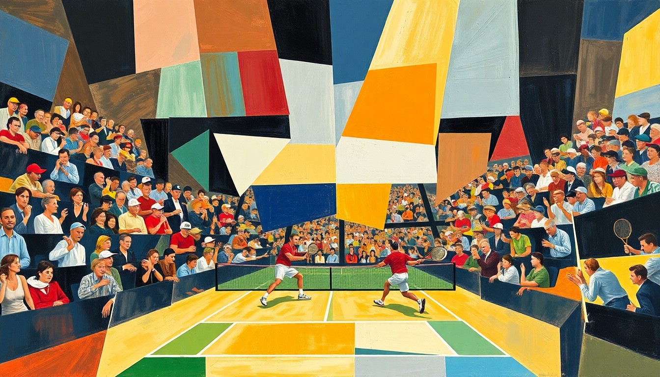 A fractured, multi-perspective painting in the style of Pablo Picasso, breaking a tennis match down into sharp, overlapping geometric planes that capture the raw energy and movement of the players on the court.