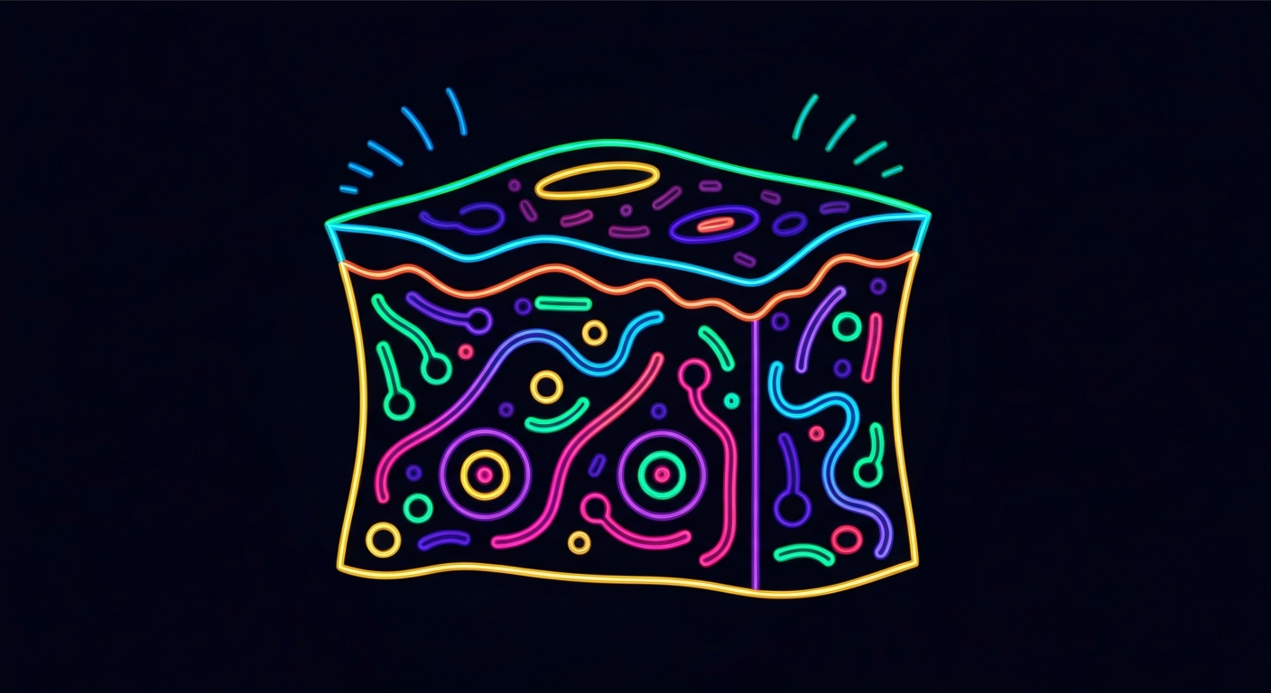 A minimalist, neon-outlined illustration depicting the internal structure of a human skin cell, conveying the importance of monitoring skin changes for early cancer detection.