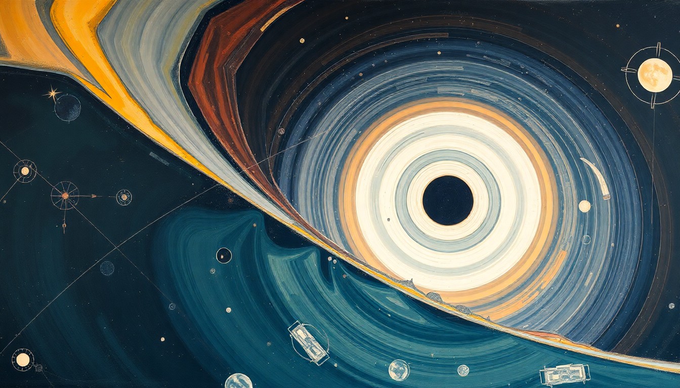 A highly structured abstract painting in soft, flat colors depicting sweeping geometric arcs, concentric planetary circles, and precise botanical or physical spirals, conceptually representing the complex forces and concepts involved in the Artemis 2 mission's reentry into Earth's atmosphere.