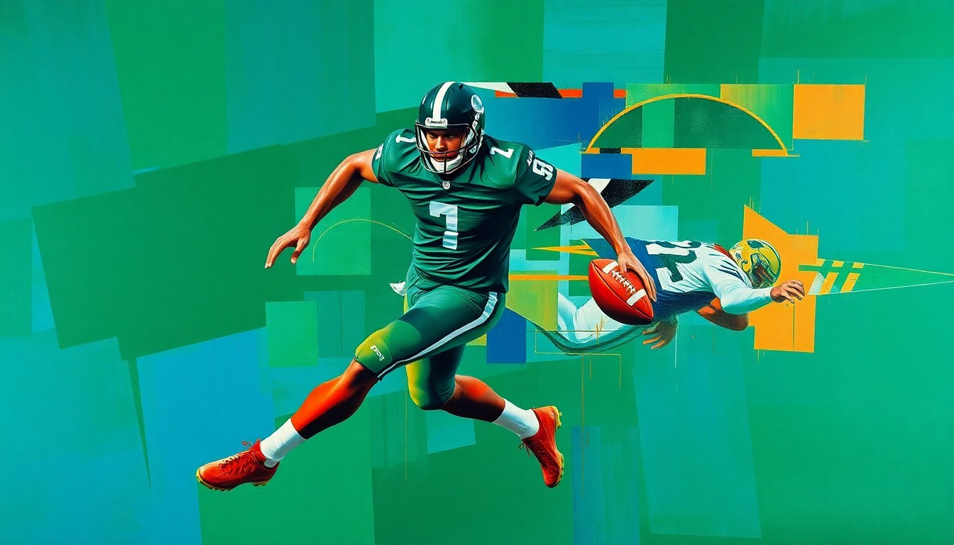 A fractured, cubist-style painting depicting a football player in mid-stride, their body and movement deconstructed into sharp, overlapping geometric planes in a palette of deep greens, royal blues, and burnt oranges, conceptually representing the strategic complexities of an NFL trade.