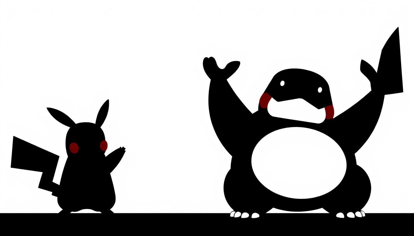 A bold, abstract illustration featuring jagged geometric shapes in red and white, representing the iconic Pokémon characters Pikachu and Snorlax in a minimalist, Saul Bass-inspired style.