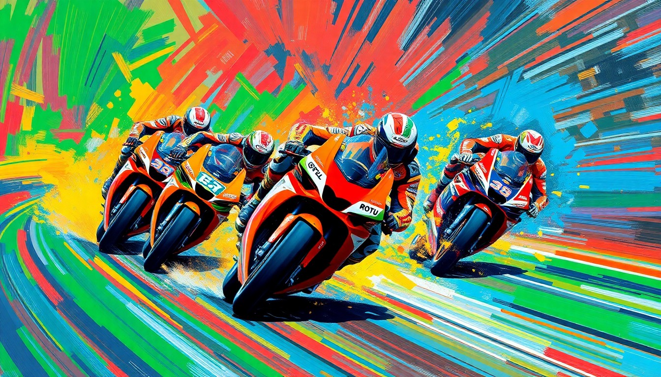 A vibrant, textured painting in neon colors depicting the dynamic motion and speed of Italian MotoGP riders, capturing the essence of the country's racing legacy.