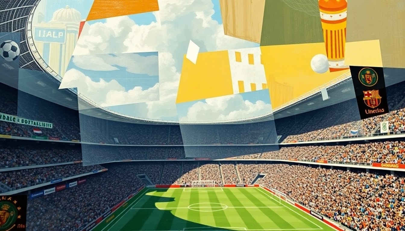 A cubist-style painting depicting a fragmented, geometric interpretation of a soccer stadium, with overlapping planes and shapes representing the complex dynamics between a sports club and the media that covers it.