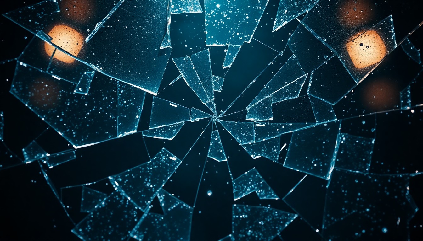 An extreme close-up of a shattered, glittering glass surface, capturing the fragmented and mind-bending nature of the 'Paradise' Season 2 finale's narrative.