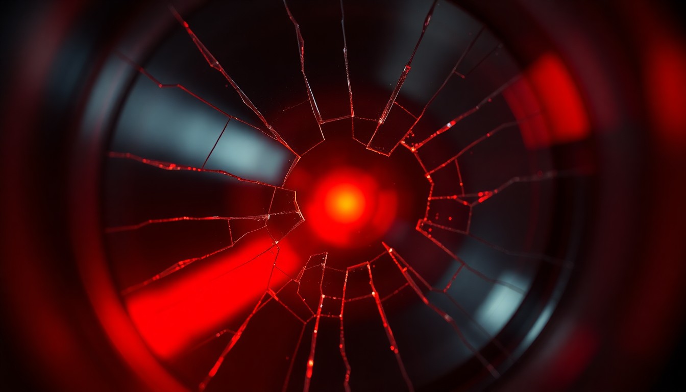 An extreme close-up of a cracked and shattered medical instrument lens, reflecting a faint red light, conceptually representing the tension and drama of cast changes in a high-stakes television series.