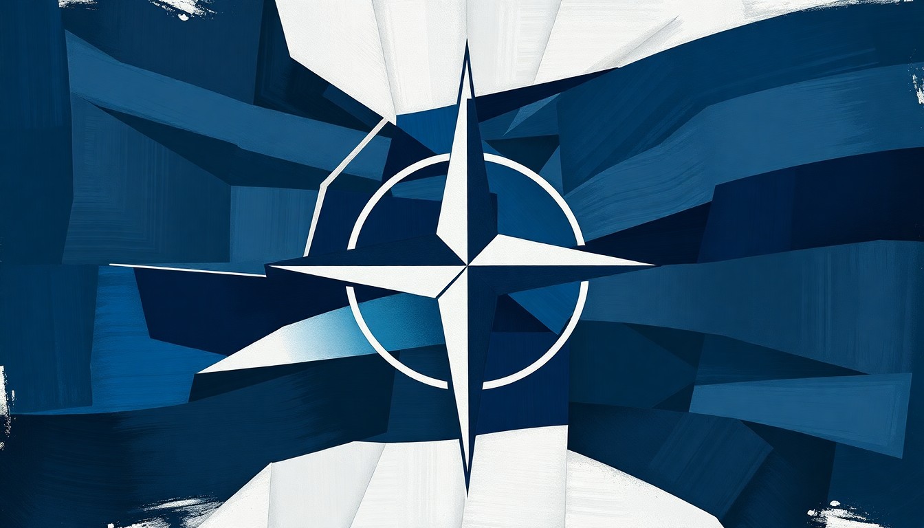 An abstract, geometric painting featuring overlapping, fractured waves of dark blue, grey, and white shapes, representing the unstable and fragmented state of the NATO alliance.