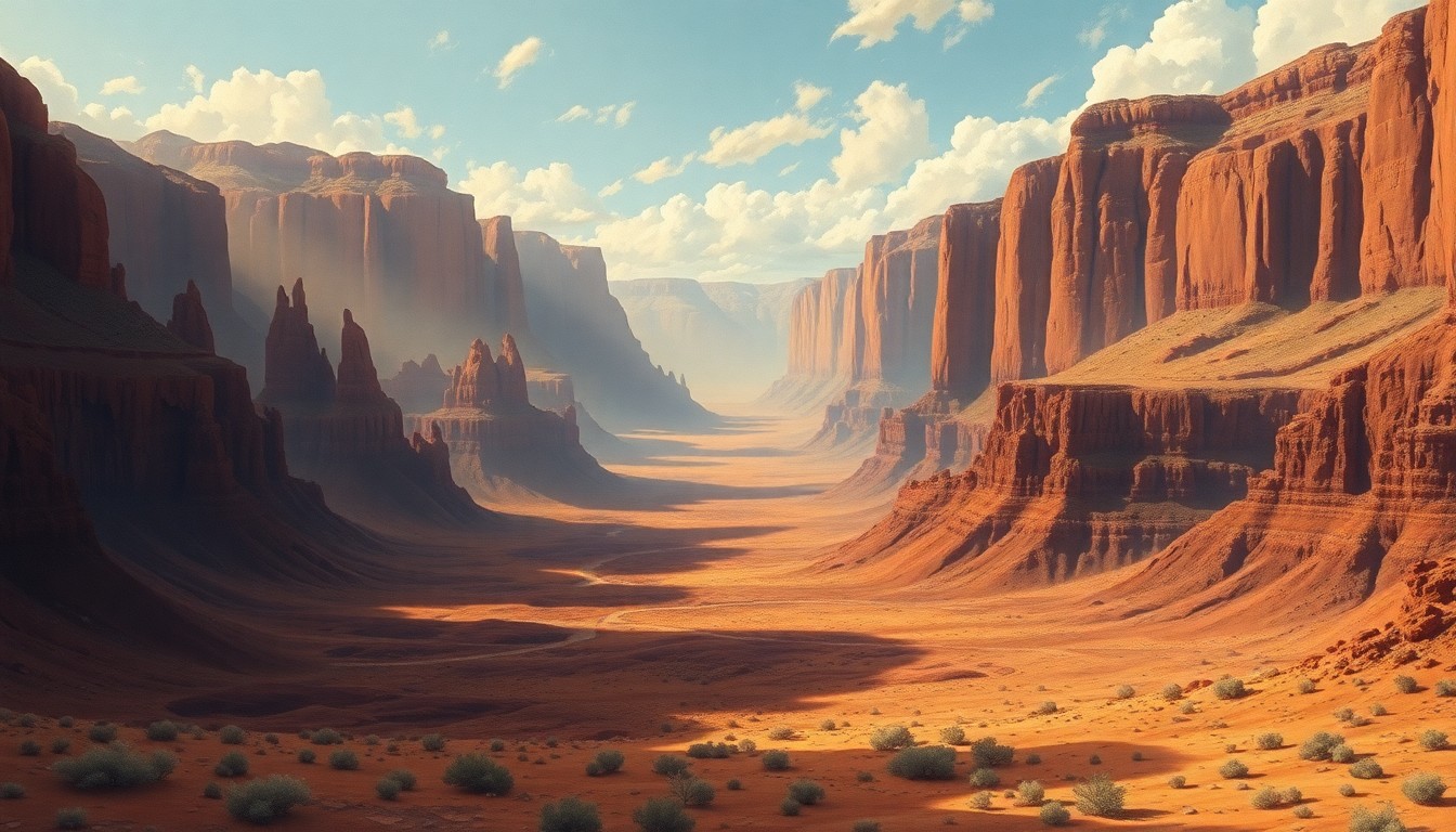 A vast, atmospheric landscape painting in muted earth tones, with a parched, arid expanse stretching out to the horizon under a dramatic, cloudy sky, conveying the overwhelming scale and melancholic mood of the severe drought in Southwest Utah.