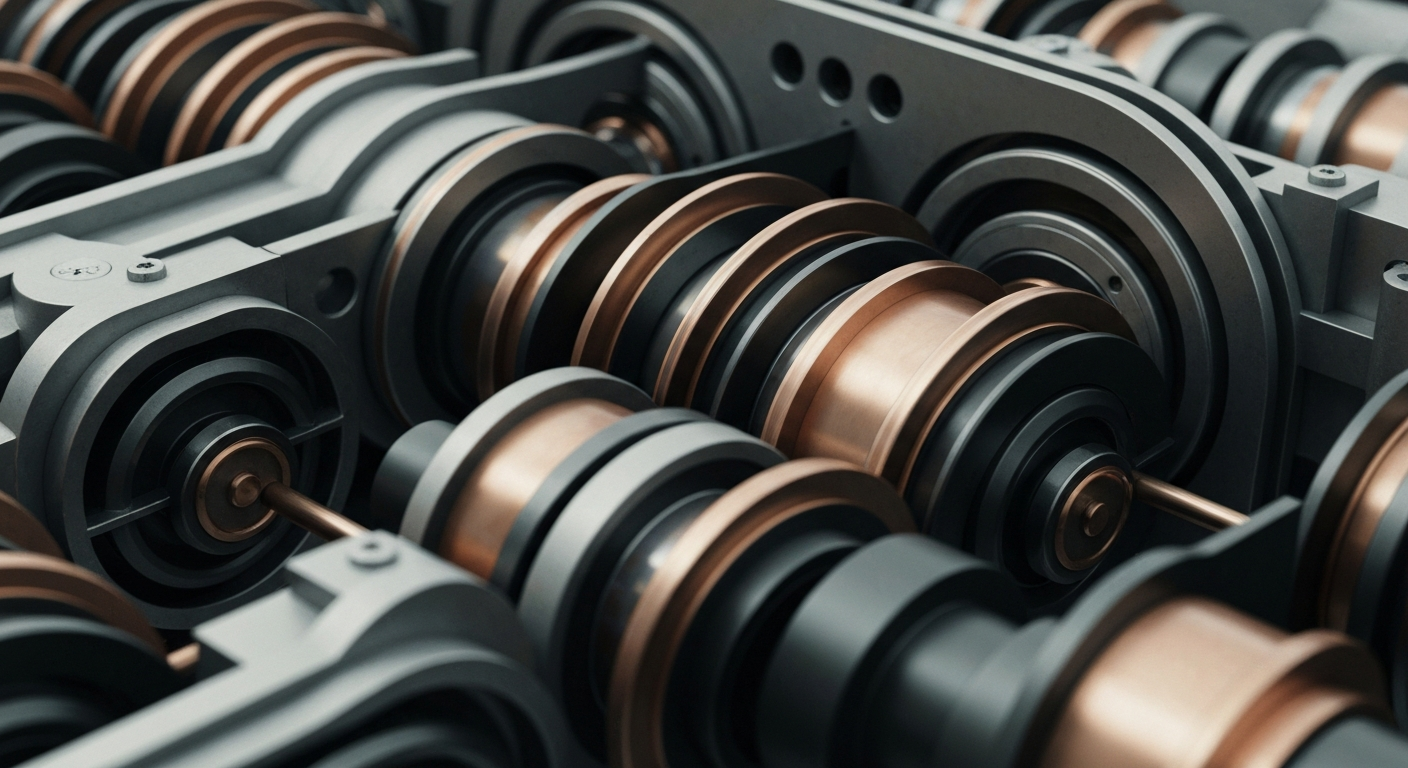 An extreme close-up of complex, interlocking mechanical components in muted industrial tones, conveying a sense of institutional financial power and security without using literal currency or charts.