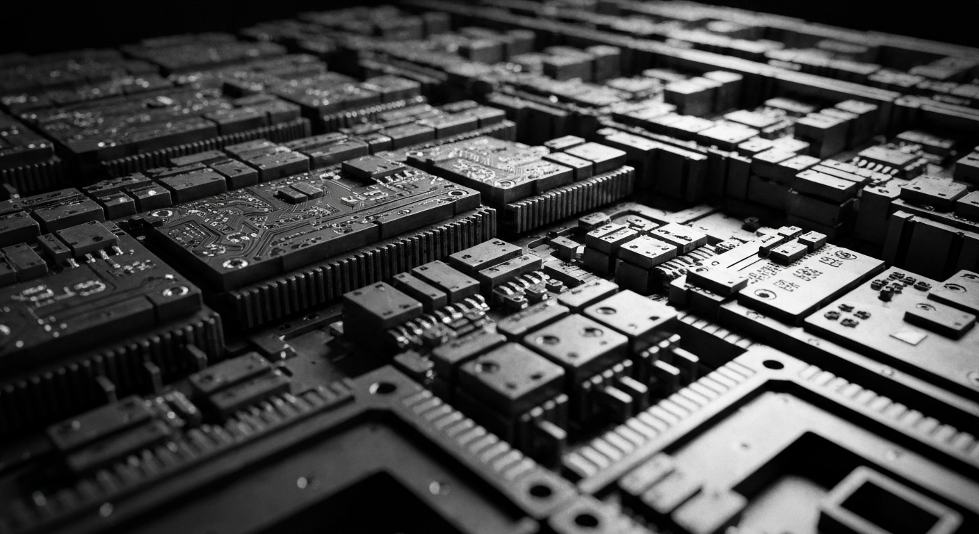 A high-contrast, close-up view of the gears, circuits, and machinery that make up the inner workings of a semiconductor fabrication facility, conveying the industrial power and precision of the electronics industry.