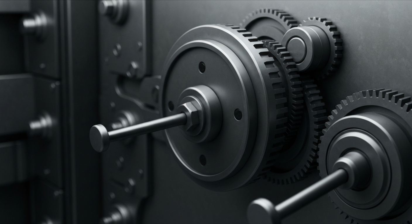A highly detailed, black-and-white close-up photograph of the inner workings of a banking vault, with a focus on the heavy, industrial mechanisms that secure financial assets, conveying a sense of the tangible, physical foundations of the modern economy.
