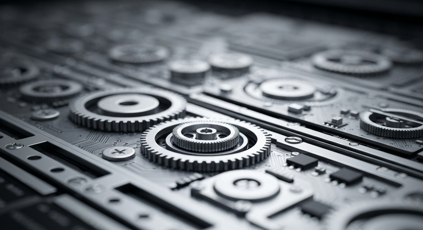 An extreme close-up of the complex inner workings of a stock trading terminal, with gears, circuits, and metallic components in shades of silver, grey, and black, conceptually representing the behind-the-scenes mechanics of financial markets.
