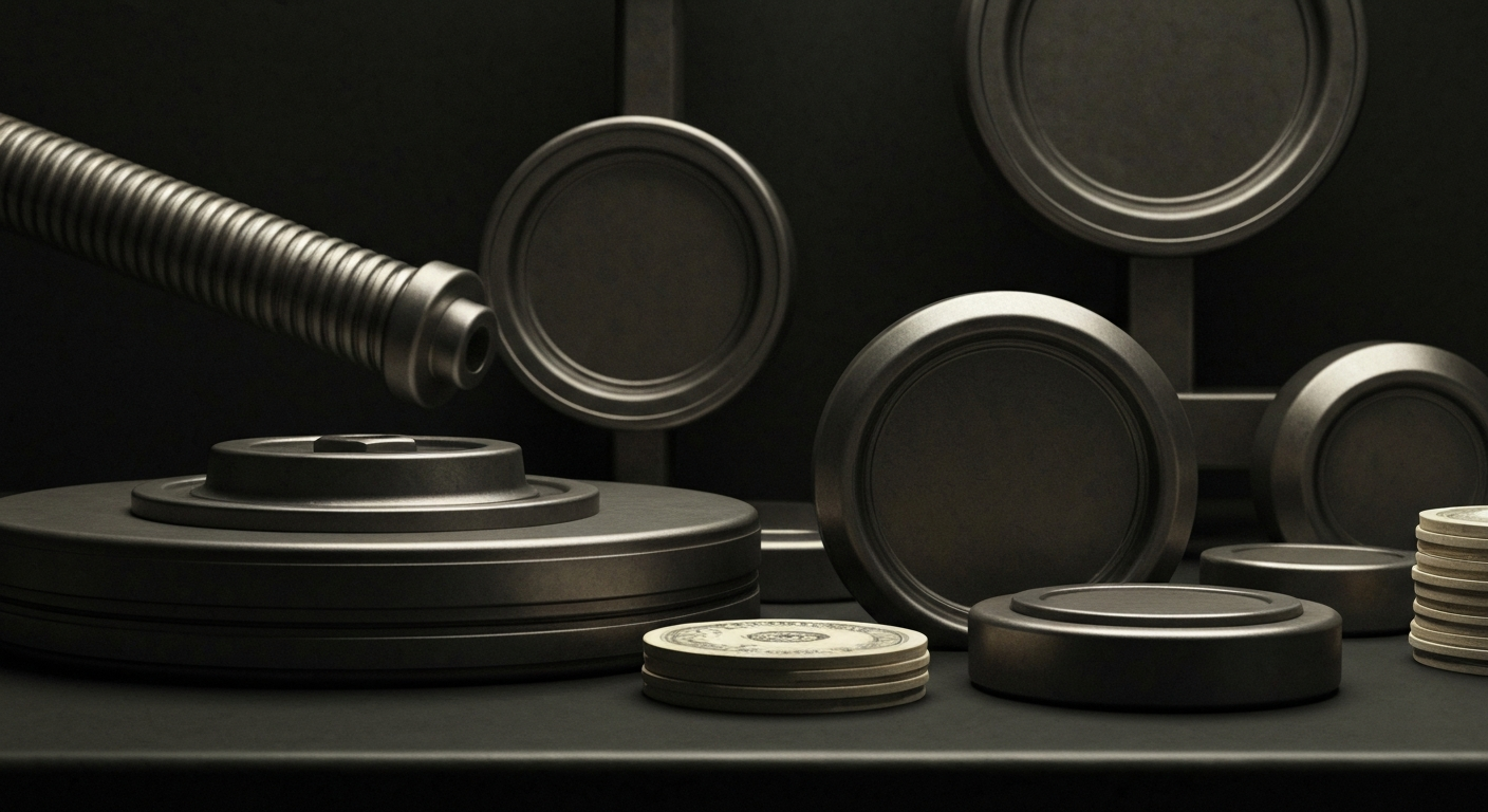 An extreme close-up of intricate, industrial-looking banking equipment and mechanisms, conveying the idea of financial security and institutional wealth without depicting any literal currency or symbols.