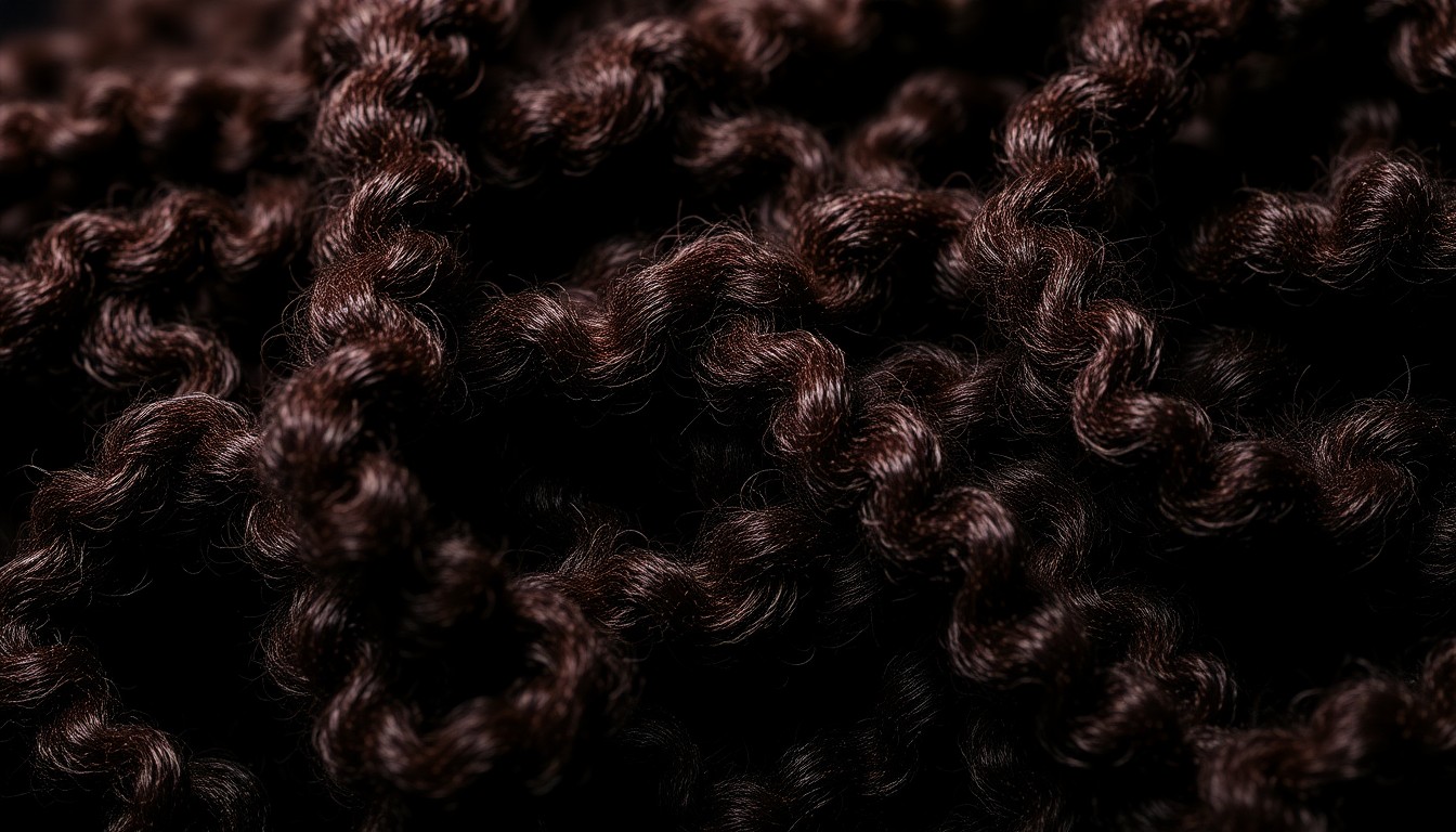 An extreme close-up photograph of tightly coiled, textured black hair strands lit dramatically to create a luxurious, high-fashion aesthetic.